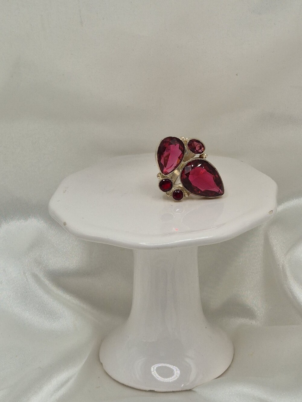 Sterling Silver Cubic Zirconia Ring Deep Pink Teardrop Chandelier Stones